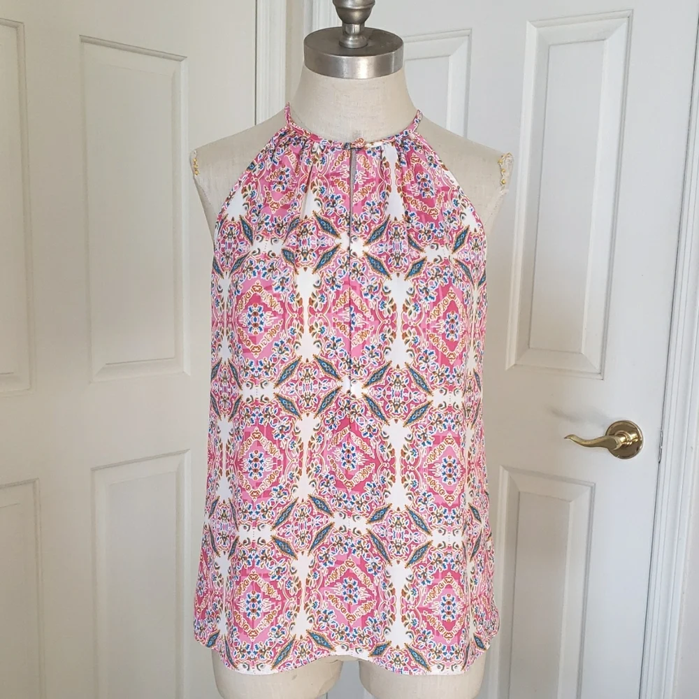 Cremieux Pink Teal Mustard Halter Neck A-Line Top XS - Picture 4 of 13